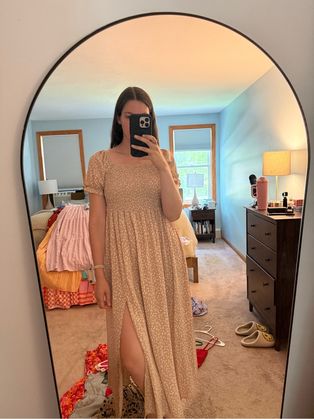 Amazon Beige Ditsy Floral Maxi Dress with Front Slit